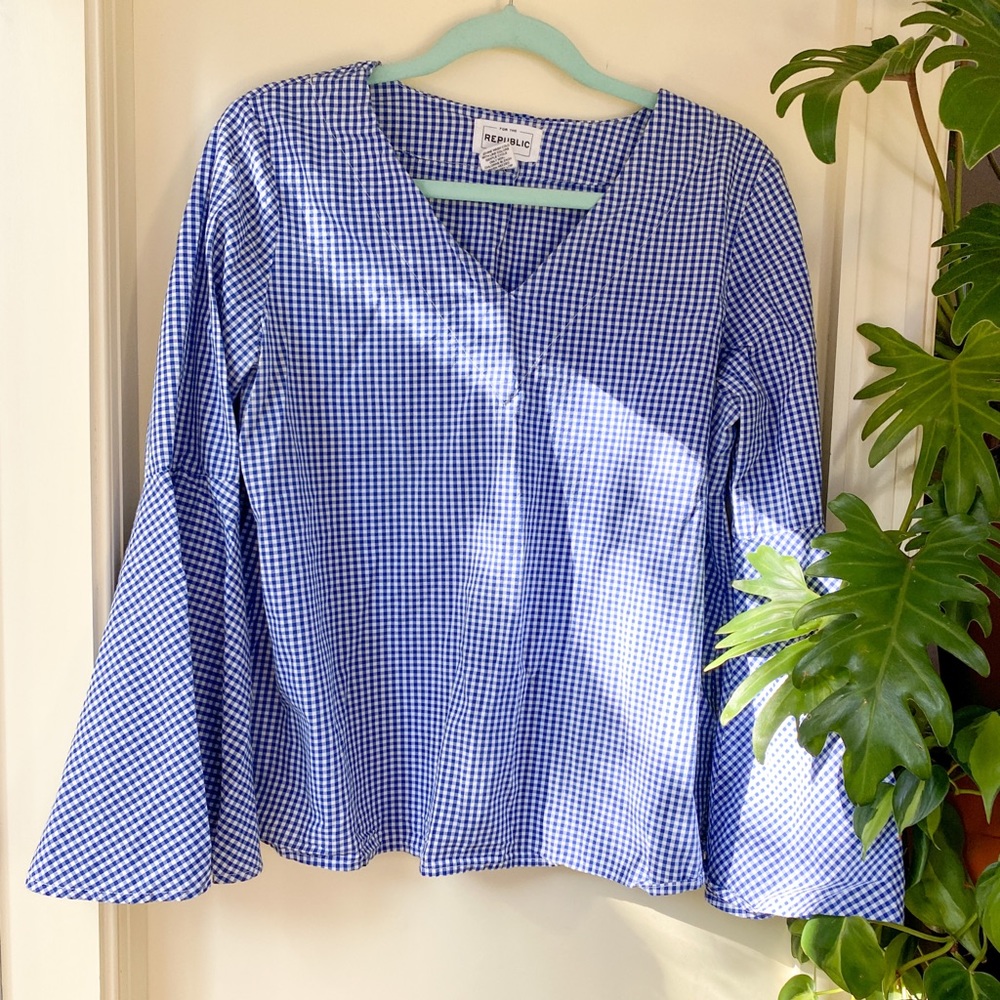 Blue Gingham Bell Sleeve Shirt